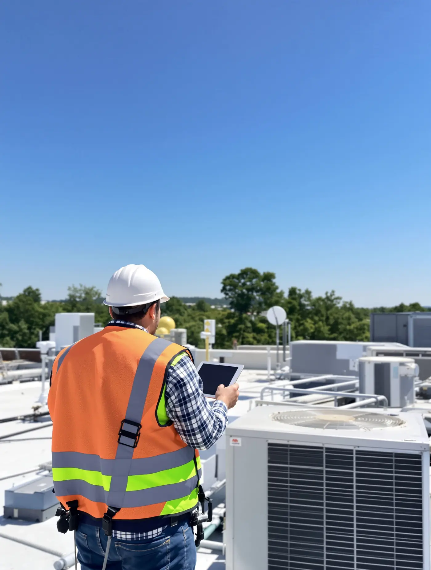 Engineer inspecting a rooftop HVAC unit